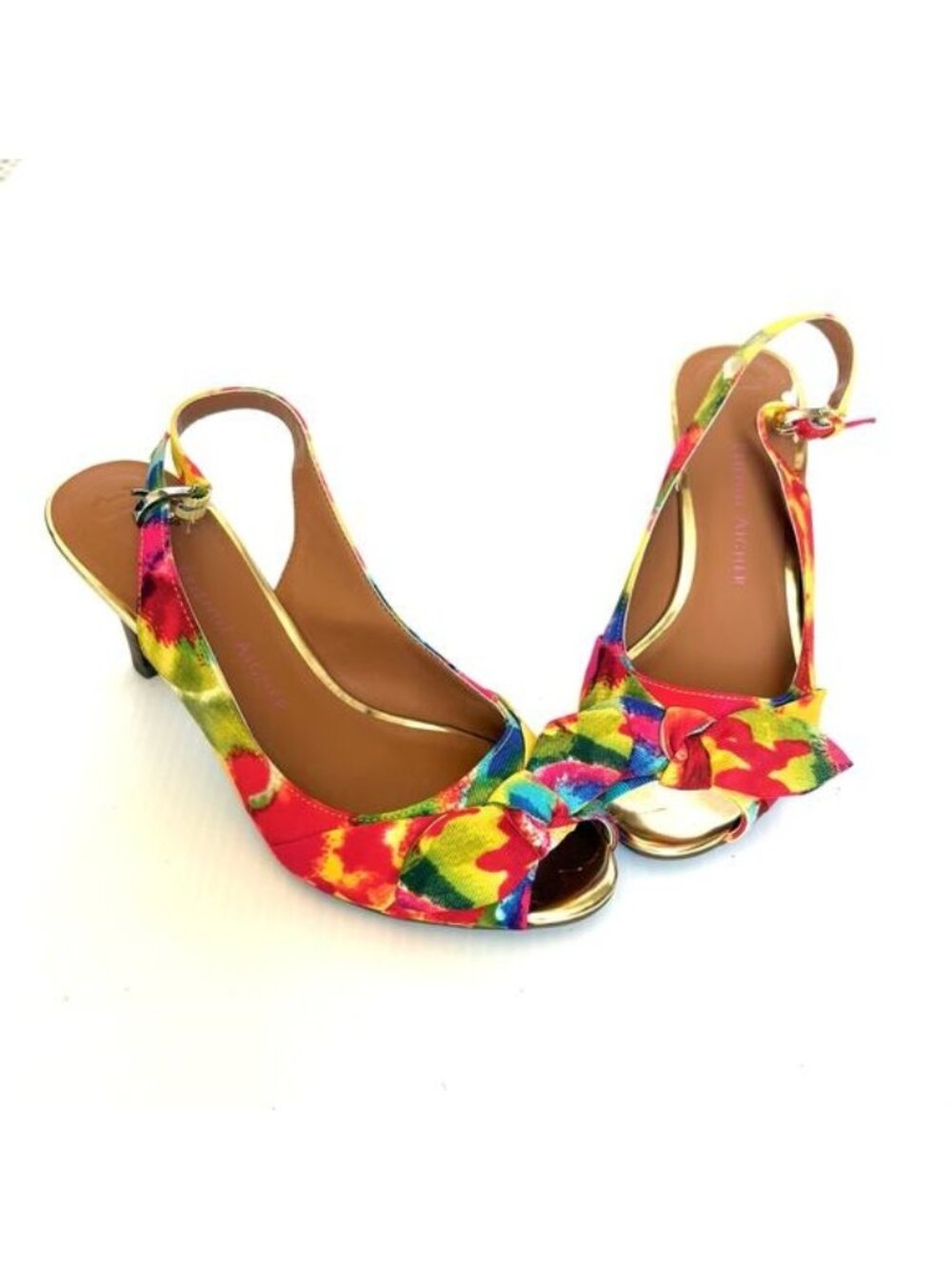 Etienne Aigner Heels Slingback Floral Peep Toe Gold Trim Women’s 5.5 Shop Worn